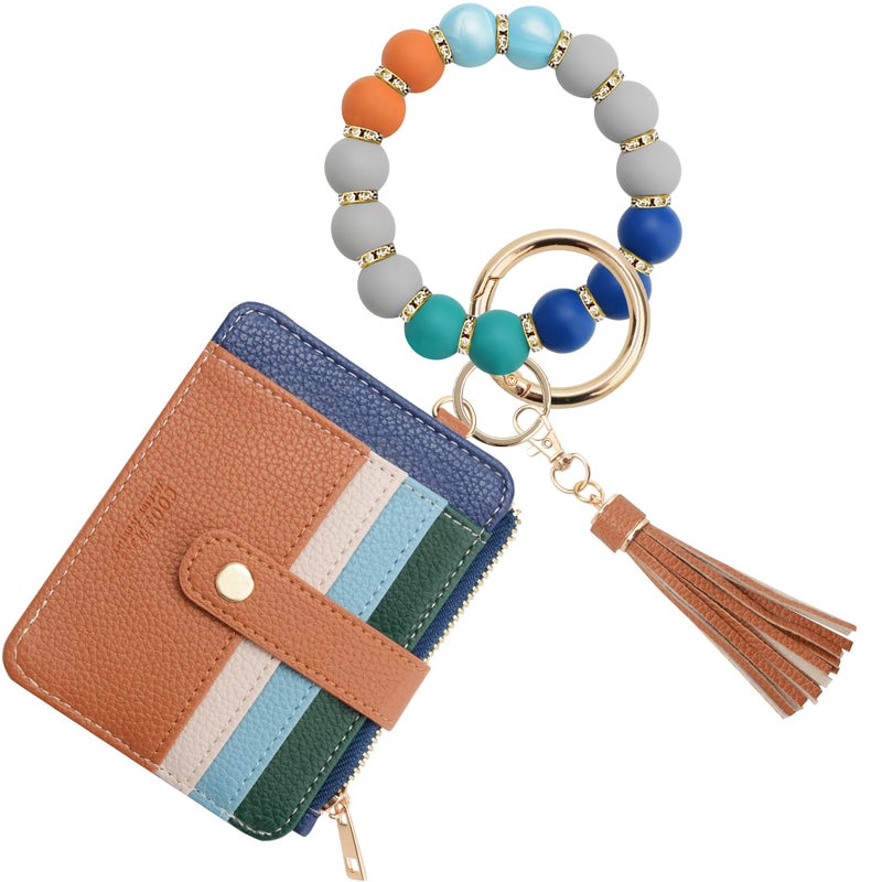 COOLANS Wristlet Bracelet Keychain Card Holder Card Pocket PU Leather Purse Tassel Keychain Bangle Key Ring for Women Girls (Silicone Bead Bracelet+Card Purse (Rainbow)) - Image 1